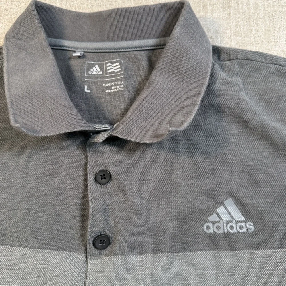Adidas Golf Polo Shirt Mens Large L Gray Black Colorblock Striped Short Sleeve